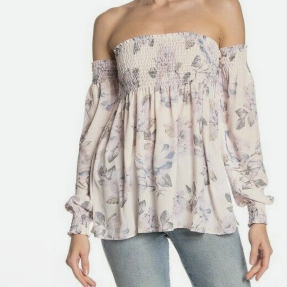 Show Me Your MuMu Off the Shoulder Raquel Smocked Top Romantic Floral Rose Small